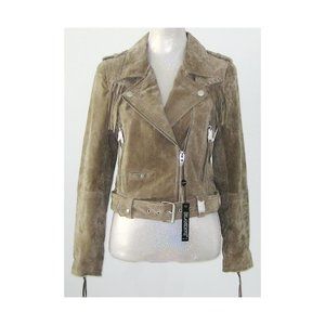 NWT Blank NYC FRINGE Suede Leather BIKER / MOTORCYCLE JACKET M Khaki MSRP $208